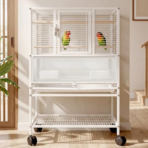 GarveeHome Small Bird Cage with Wheels, 40 Inch Parakeet Cage with Top Stand, 3 in 1 Bird Carrier for Parakeets, Canaries, Lovebirds, Small Quaker, Cockatiels, Budgie, Green Cheek,Conure - color: White, size: 32'' H