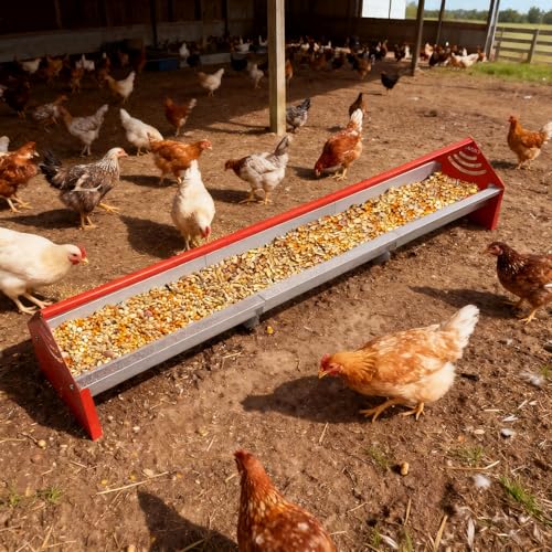 47" Chicken Trough Feeder - Galvanized Steel Feed Trough with Drainage Holes & Red Crossbar for Chicken, Duck, Turkey | Heavy Duty, Rust-Proof & Easy-Clean Design - color: Orange