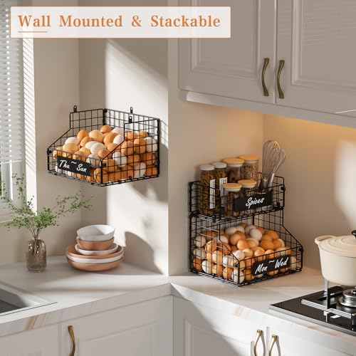 Egg Holder Countertop with DIY Nameplate, Egg Collecting Basket | 3 Tier Stackable Wire Baskets for Gathering Fresh Eggs, Large Egg Rack for Countertop/Wall-Mounted, Medium (Patent Pending) - color: Black, size: 3-Tier Large