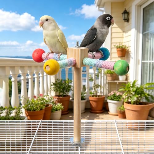 360° Spinning Parrot Perch Toy Rainbow Cotton Rope Natural Wood Parrot Toys Interactive Bird Cage Accessories Relieve Boredom Anxiety for Conures Cockatiels Lovebirds Small Medium Birds
