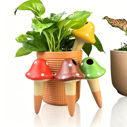 4PCS Terracotta Self Watering Spikes, Mushroom Shaped Self Watering Globes | Automatic Plant Waterer Outdoor&Indoor Use, Vacation Clay Watering Devices System, Slow Release Self Watering Planter Insert - color: Mushrooms Set (Pack of 4)