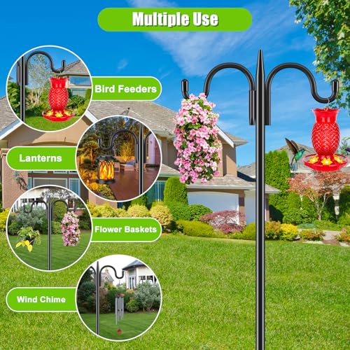 Gtongoko Bird Feeder Pole for Outdoors Heavy Duty, 2 Pack 77 Inch Double Shepherds Hook with 5-Prong Stable Base, 3/4 Inch Thick Hummingbird Feeder Stand for Hanging Plants, Lanterns - size: 77 Inch