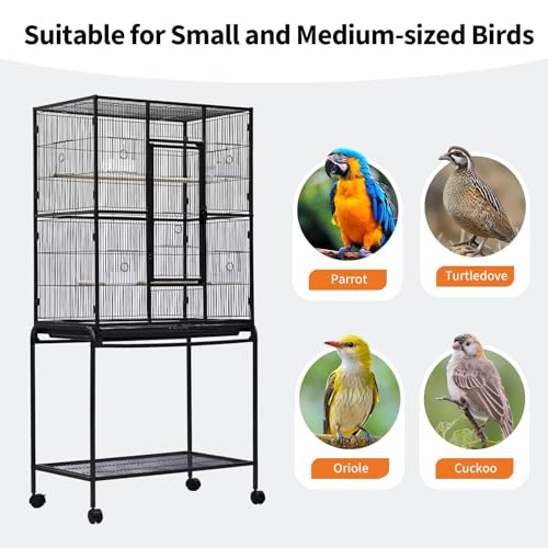 62" Large Bird Cage, Parrot Bird Cage with Rolling Stand & Storage Shelf, Heavy Duty Wrought Iron Flight Cage, Secure Lock, Ideal for Parakeets, Parrots, Cockatiels, Conures, Lovebirds - size: 37.2"L x 30.3"W x 4.3"H