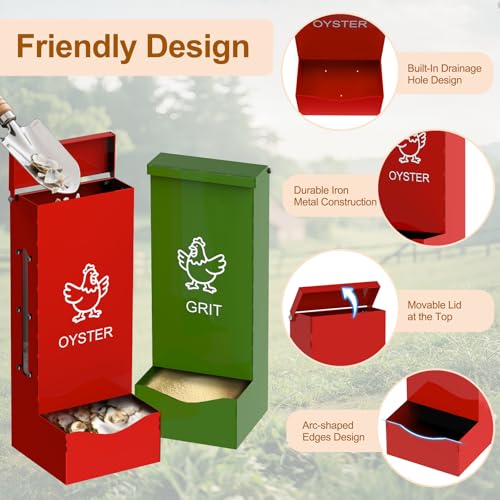 2 Pack Chicken Oyster Shell Feeder and Grit Feeder, Heavy Duty Metal Automatic Chicken Feeders with Lid, Gravity-Fed Chicks Food Dispenser Hanging Poultry Feeders for Coop Ducks Pigeons - color: Red + Green