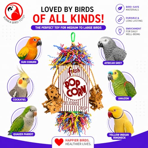 Bonka Bird Toys Popcorn Explosion Bird Toy 15" x 6" Foraging Shredding Toy for Small to Medium Birds Parakeets Cockatiels Conures Natural Paper Cardboard Hanging Cage Toy (Pack of 2) - size: Pack of 2