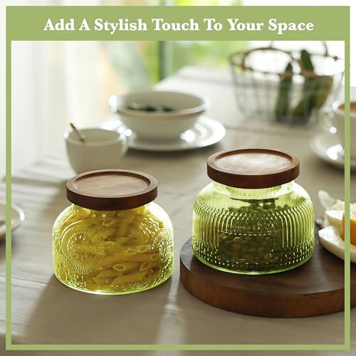 Decorative Green Glass Jars with Airtight Wooden Lids 2 pack, 25.4 fl. oz | Wide mouth vintage storage canister, kitchen pantry bathroom organization, coffee sugar tea cookie candy candle vase gift - size: 25.4 Ounces, style: Green 2pc