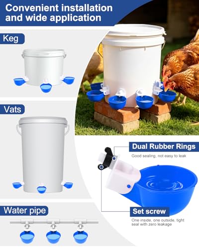 Chicken Waterer Cups (16 Pack) with 3/8" Drill Bit - Blue | Automatic Poultry Drinker Feeder Kit for Chickens, Ducks, Turkeys, Quail, Bunnies | DIY Gravity Fed Bucket Water Dispenser - color: Blue, size: 16 Pack + Drill bit