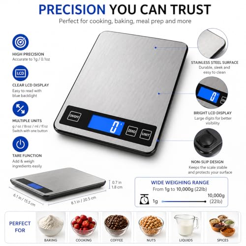 Digital Kitchen Scale 10kg/22lb, Food Scale with 1g Precision, Grams & Ounces, Stainless Steel, LCD Display, Tare Function, Multi-Unit, Battery Powered for Baking, Cooking & Meal Prep