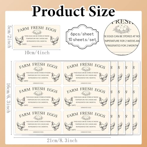 10 Sheets 60Pcs 4 x 2 Inch Farm Fresh Eggs Carton Labels Rectangle Self Adhesive Chicken Egg Stickers with Date Unwashed Packaging Handling Instruction Tags for Farmhouse Market Storage - color: Navajo White