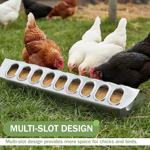 Potchen 2 Pcs Slide-top Poultry Feeder Durable Galvanized Metal Chicken Feeder Trough with Removable Top Trough Multi-Hole Tray for Pigeon Quails Duckling Birds Duck Chicken(15.5 Inch) - size: 15.5 Inch