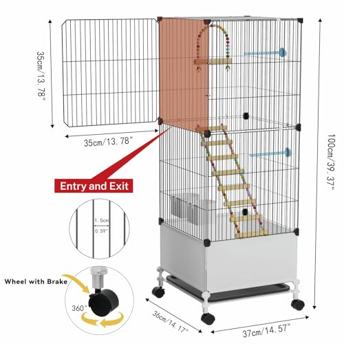 STILLCOVE Medium Flight Bird Cage, with Bowls & Perches & Ladder & Swing | with Removable Tray, Universal Wheels, Birdcage for Parakeet, Parrot, Cockatiel, Conure, Budgie, Canary, Finch, Lovebird - size: 14.2"L x 14.6"W x 39.4"H