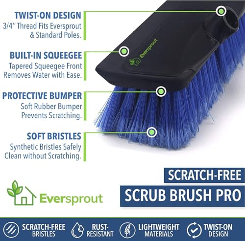 EVERSPROUT Scrub Brush, 1.5 to 3ft Pole, Rubber Bumper, No-Scratch | For Cars, Trucks, RV, Boats, Driveways, Decks, Patios, Decks, House Siding, 8-10ft Standing Reach, Non-Slip Grip, Lightweight