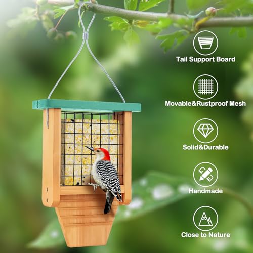 Gbekery Wooden Suet Bird Feeder for Outside Hanging, Woodpecker Suet Feeder with Tail Prop, Hanging Bird Feeder for Wild Birds, 1 Pack, Green - color: Light Green