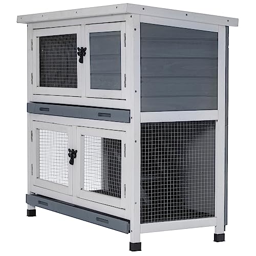 2 Story Solid Wood Rabbit/Bunny Hutch with 2 Large Main Rooms, Indoor Outdoor Rabbit House Guinea Pig Cage Pet House for Small Animals with Ventilation Door Removable Tray Waterproof Roof (Grey) - color: Grey