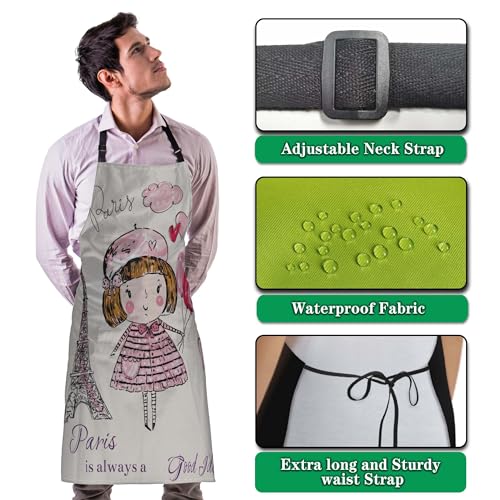 Mom Apron for Women Eiffel Tower, Little Girl in Paris Mans Aprons for Kitchen Cooking Restaurant BBQ Painting Crafting Gardening 27” (W) x 31” (H), Waterproof Apron - color: Eiffel Tower