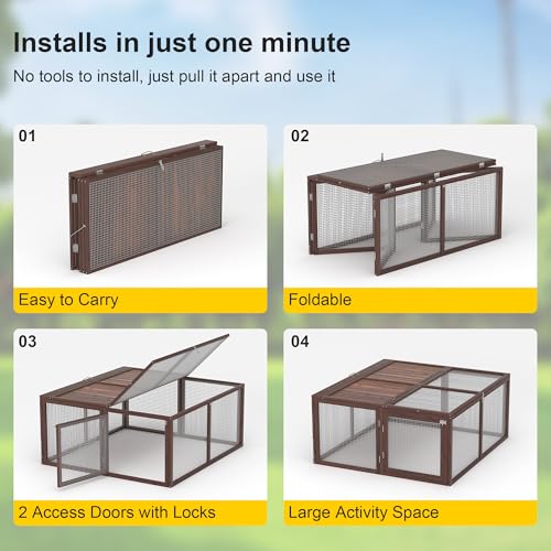 GOJOOASIS Wooden Chicken Coop Portable Rabbit Run Foldable Outdoor Pen | Chicken Playpen for Outside, Duck Enclosure, Small Animal Cage with 2 Accesses & Ventilating Wire, for Garden Backyard - color: Carbonized Wood
