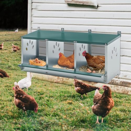 3 Compartment Chicken Nest Box, 3 Room Galvanized Steel Rustproof Metal Nesting Boxes, Chicken Egg Collection Laying Box for Hens - size: 32.1"L x 16.3"W x 15.4"H