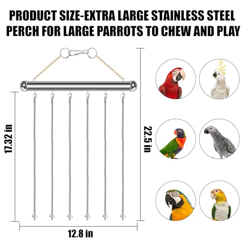 Stainless Steel Parrot Toy Hanging Rack, Large Bird Toy Stand with 6 Hanging Cables & Swivel Hooks, Chew Toy Holder for Macaws, Cockatoos, African Greys, Bird Cage Accessory for DIY Toy - color: SILVER