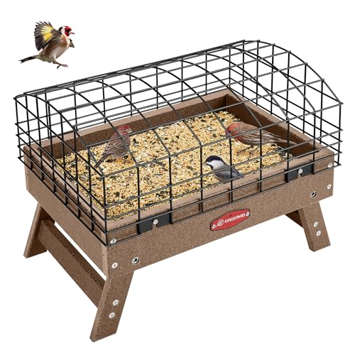 Kingsyard Squirrel Proof Caged Platform Bird Feeder for Small Birds | Recycled Poly Lumber, Protective Metal Cage, Raised Platform, Drainage Mesh Tray, Foldable Legs for Outdoor Bird Feeding - color: Brown