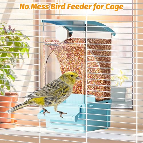 BNOSDM No Mess Bird Feeder Transparent Automatic Bird Cage Feeder with Perch Acrylic Parrot Food Container Parakeet Cage Accessories for Parakeets, Budgies, Cockatiel, Finch, Canary, Lovebird (Blue) - color: Blue