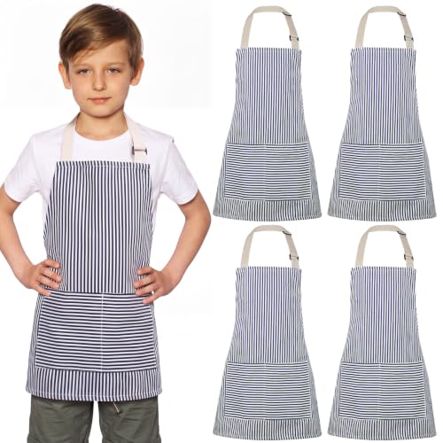Newcotte Stripes Kids Aprons, Adjustable Cotton Bib Chef Apron with 2 Pockets for Cooking Painting Baking Toddler Boys Girls - color: Blue