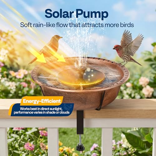 VIVOHOME Deck-Mounted Bird Bath with Solar Fountain, 13-Inch Bowl, Bronze | Solar-Powered Pump, Weather-Resistant ABS, Adjustable Metal Clamp, for Railing/Fence/Balcony, Bird-Friendly, Easy to Clean - color: Bronze, size: Birdbath with Fountain