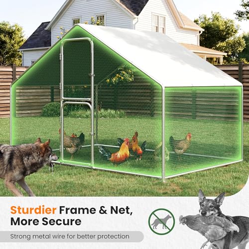 Chicken Coops Outdoor Walk-in Metal Chicken Runs for 6/10 Chickens with with Hardware Cloth Spire Roof Hen House with Security Lock, Poultry Cage Hen House for Yard Farm - color: Metallic, size: 120.0"L x 79.0"W x 79.0"H