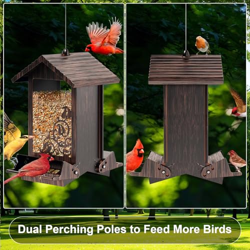 Squirrel Proof Bird Feeder for Outdoor Hanging,Metal Bird Seed Feeder with Bilateral Weight Activated Perches,5LB Large Capacity Wild Bird Feeders for Outside,Easy Refill and Clean,Brown - color: Brown