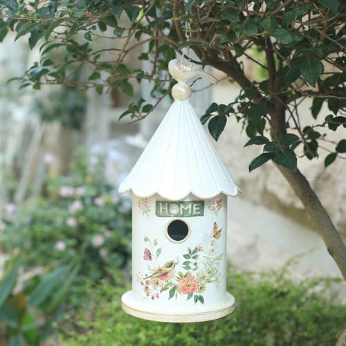 Metal Hanging Birdhouses for Outdoors Bird Houses for Outside Unique Bird Nest for Bluebird Wren Chickadee Sparrow Bird Nest Box for Garden Patio - color: White
