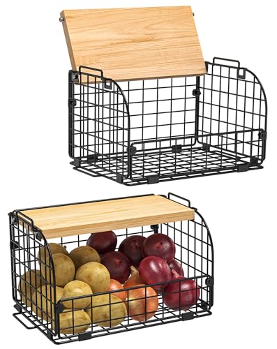 2 Set Stackable Wire Basket with Openable Top, Kitchen Counter, Pantry Organizer and Storage Produce Onion Potato Fruits Vegs Bread Food Snack Spice Organizing Bin for Cabinet Shelf Countertop Floor