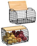 2 Set Stackable Wire Basket with Openable Top, Kitchen Counter, Pantry Organizer and Storage Produce Onion Potato Fruits Vegs Bread Food Snack Spice Organizing Bin for Cabinet Shelf Countertop Floor