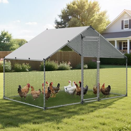 VEVOR Large Metal Chicken Coop with Run, Walkin Chicken Coop for Yard with Waterproof Cover, 6.5 x 9.8 x 6.5 ft, Spire Roof Large Poultry Cage for Hen House, Duck Coop and Rabbit Run - size: 117.6"L x 79.2"W x 79.2"H