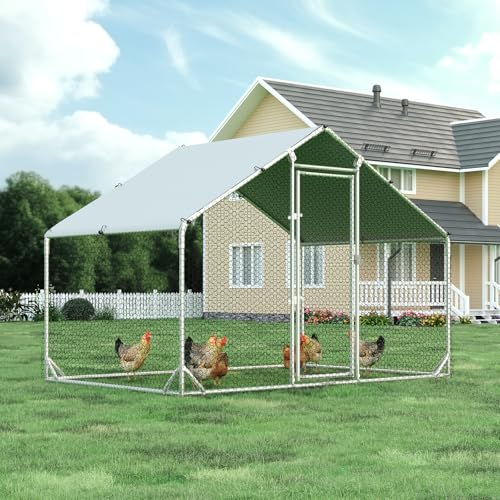 4ever2buy Metal Chicken Coop, 9.8x6.6 FT Walk-in Chicken Run Pen Poultry Cage, Water-Resistant & Anti-UV Cover, Large Chicken Coop for 6-8 Chickens - size: 9.8’L x 6.6’W x 6.4’H
