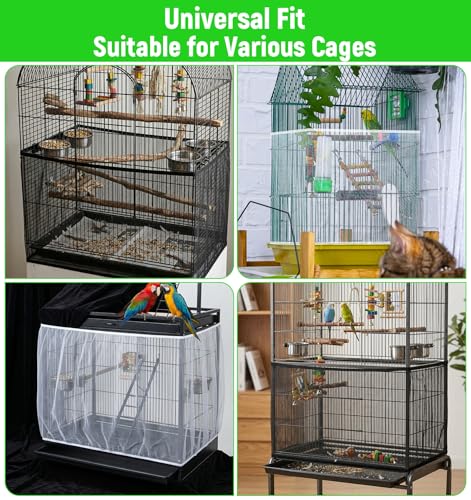 2 Pcs Bird Cage Seed Catcher, Bird Cage Net Cover Seed Catcher Guard Nylon Net Cover, Adjustable 137.8-196.9 Inches Circumference (Black & White, XL)