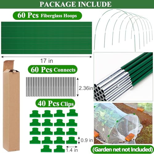 60Pcs Greenhouse Hoops Grow Tunnel Wide, 8FT Rust-Free Fiberglass Support Garden Hoops Kit for Raised Beds Plant Cloth Row Cover Netting-DIY Plant Support Garden Hoop for Netting-40Pcs Clips - style: 60 PCS
