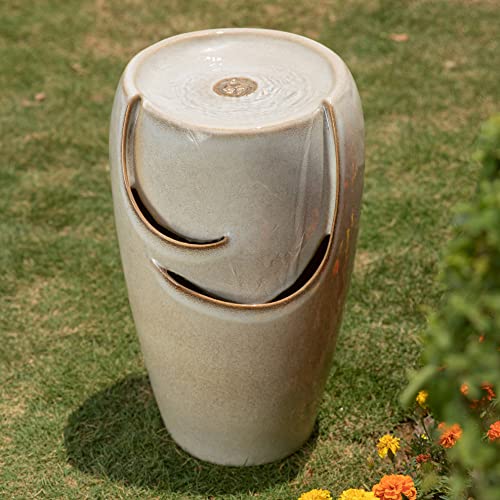Glitzhome 21.25" H Ceramic Vase Outdoor Water Fountain Tall Patio Garden Water Fountain with LED Light and Submersible Pump Yard Art Decor, Sand Beige - color: Sand Beige, size: 21.25" H