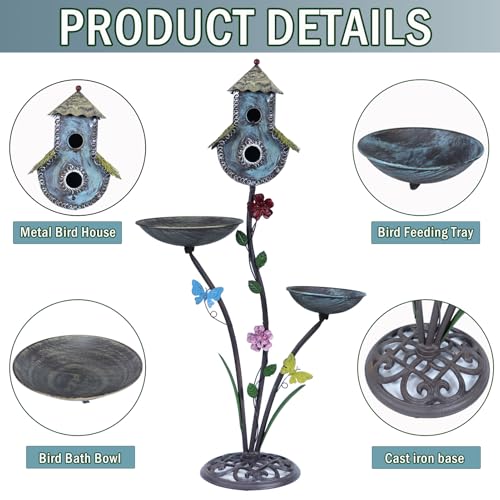 Cast Iron Pedestal Bird Baths for Outdoors，Metal Bird Bath and Bird House | 38" H Bird Bath 3 in 1 Metal Bird Bath Bowl with Bird Houses and Bird Feeder,Garden Yard Decor - color: multicolor-B