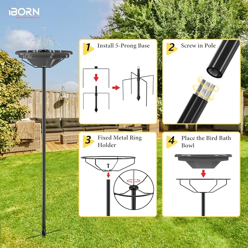 iBorn Bird Bath for Outside,36″ Freestanding Bird Bath with 3 Adjustable Height Pole,12″ BPA-Free Plastic Bowl,5-Prongs Base,Metal Pole and Plastic Birds Baths Bowl,Gray,1 Pack（Not Include Fountain） - color: Gray