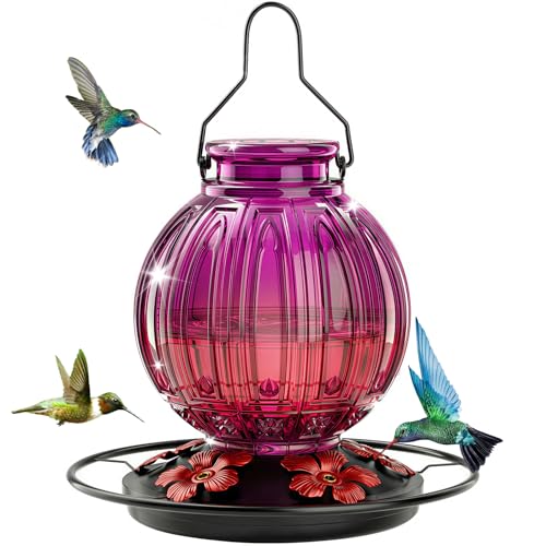 Glass Hummingbird Feeder for Outdoors Hanging, 26 fl oz Bird Nectar Feeder | Metal Flower Feeding Ports, 360° Perch Ring, Easy Refill Clean, Leakproof, Ideal for Backyard, Garden Decor, Purple & Red - color: Purple-Red Gradient