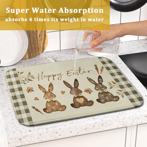 Giwawa Happy Easter Dish Drying Mat for Countertop, 16"x18" Cute Bunny Rabbits Eggs Carrot Dish Drainer Mats, Bufflao Plaids Fast Dry Microfiber Large Dish Drying Pad Kitchen Accessories Decor - size: 18" x 16"