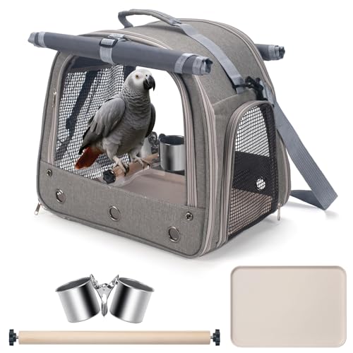 Bird Carrier Parrot Travel Cage with Perch, Food Bowl, Tray and Breathable Clear Window, Bird Travel Bag for African Gray Cockatiel Caique Conure Quaker, for Vetting Camping Hiking (Gray) - color: Gray