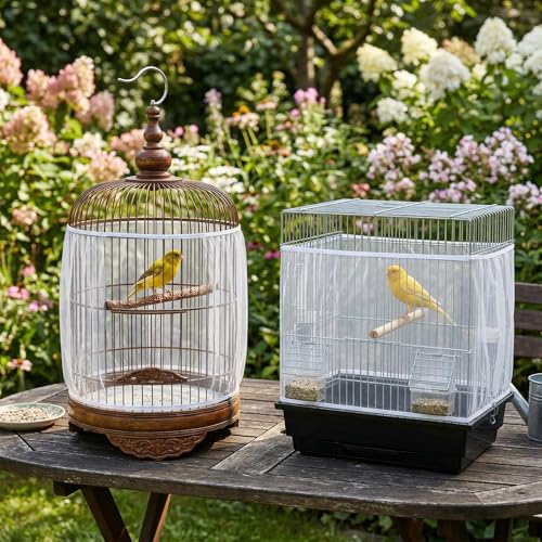 2Pcs Bird Cage Seed Catcher, Adjustable Bird Cage Skirt Cover, White Stretchy Birds Cages Netting for Round Square Parrot Parakeet Macaw African Cages - color: White
