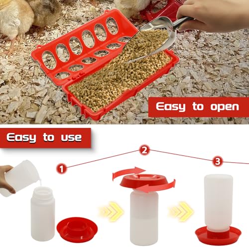 Chicken Feeder and Waterer Kit | Flip Top Chick Feeder with 12 No Waste Feeding Holes,1L Plastic Waterer,Starter Kit for Baby Chicks, Ducks,Easy Fill