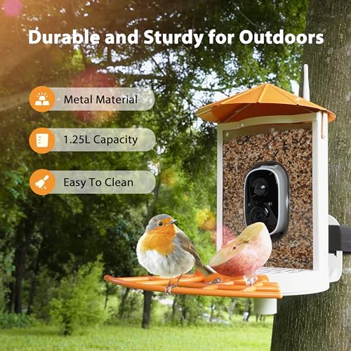 Smart Bird Feeder with Camera Solar, Auto Capture Bird Videos & Motion Detection, Birds Watching Camera Notify in Time, Metal Birds Feeder with Seed Guard, Ideal Present for Mom (Orange) - color: Orange