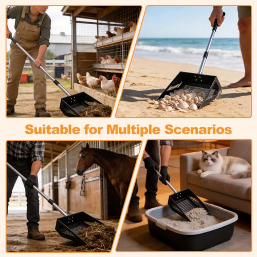 Chicken Poop Scooper Rake, 2-in-1 304 Stainless Steel 15 Inch Scoop | 39-66 Inch Adjustable Handle, Durable 304 Stainless Steel, Sand & Litter Sifting, Chicken Coop & Pet Waste Cleaning - color: Black
