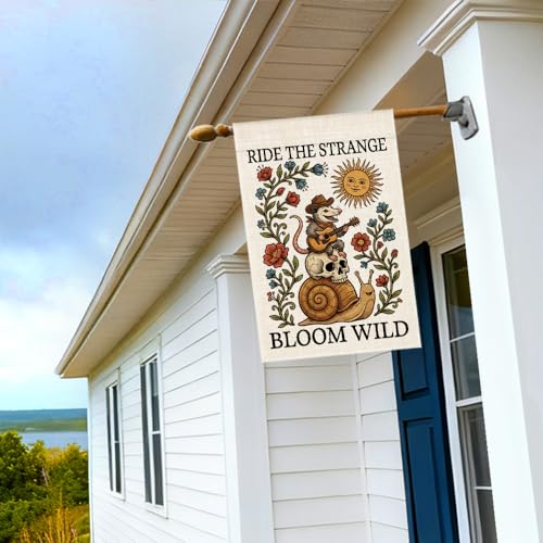 RZHV Ride The Strange Bloom Wild Double-Sided Garden Flag for Outdoor House Yard Sign Garden Decor Parade, Funny Opossum Snail Flowers Home Outdoor Banner Decoration, Motivational Lawn Patio Yard Sign - color: Bloom Wild