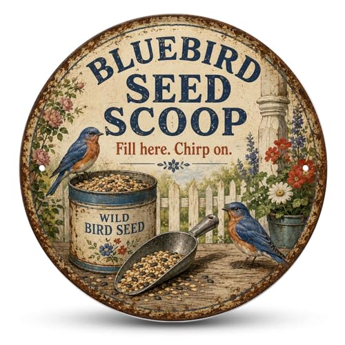 Bluebird Seed Scoop tin Sign Vintage Bluebird Bird Seed Metal Signs Round Retro Wall Art for Home Bedroom Kitchen Bar Cafe Garden Patio Outdoor Wall Decor Gift (8X8 IN) - size: 8X8 IN