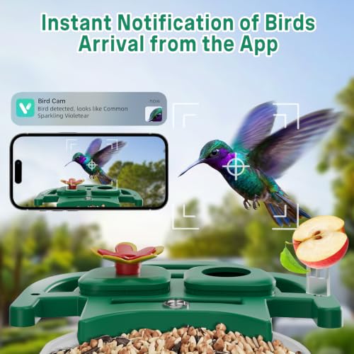 Bird Feeder with Camera Solar Powered, 2K HD Birds Feeder Camera for Outdoors, Instant Motion Detection & Alerts, AI Smart Identify Birds Species, Gifts for Mom Dad and Bird-Lovers(Green) - color: Green