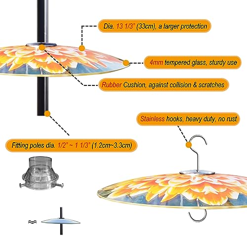 13" Large Glass Rain Cover for Bird Feeder, Daisy Weather Guard Dome Shield | Stainless Hooks & Shatterproof Squirrel Baffle, Dual Use on Shepherd Pole or Hook Hanging, Bird House Protector, Dia. 33cm - color: Mandala Daisy, size: 1PC/Pack