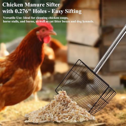 Chicken Poop Scooper, 10inch Stainless Chicken Coop Scoop for Sand with 36-66inch Adjustable Handle, 2-in-1 Metal Scooper Heavy Duty Litter Sifting Shovel Chicken Coop Accessories